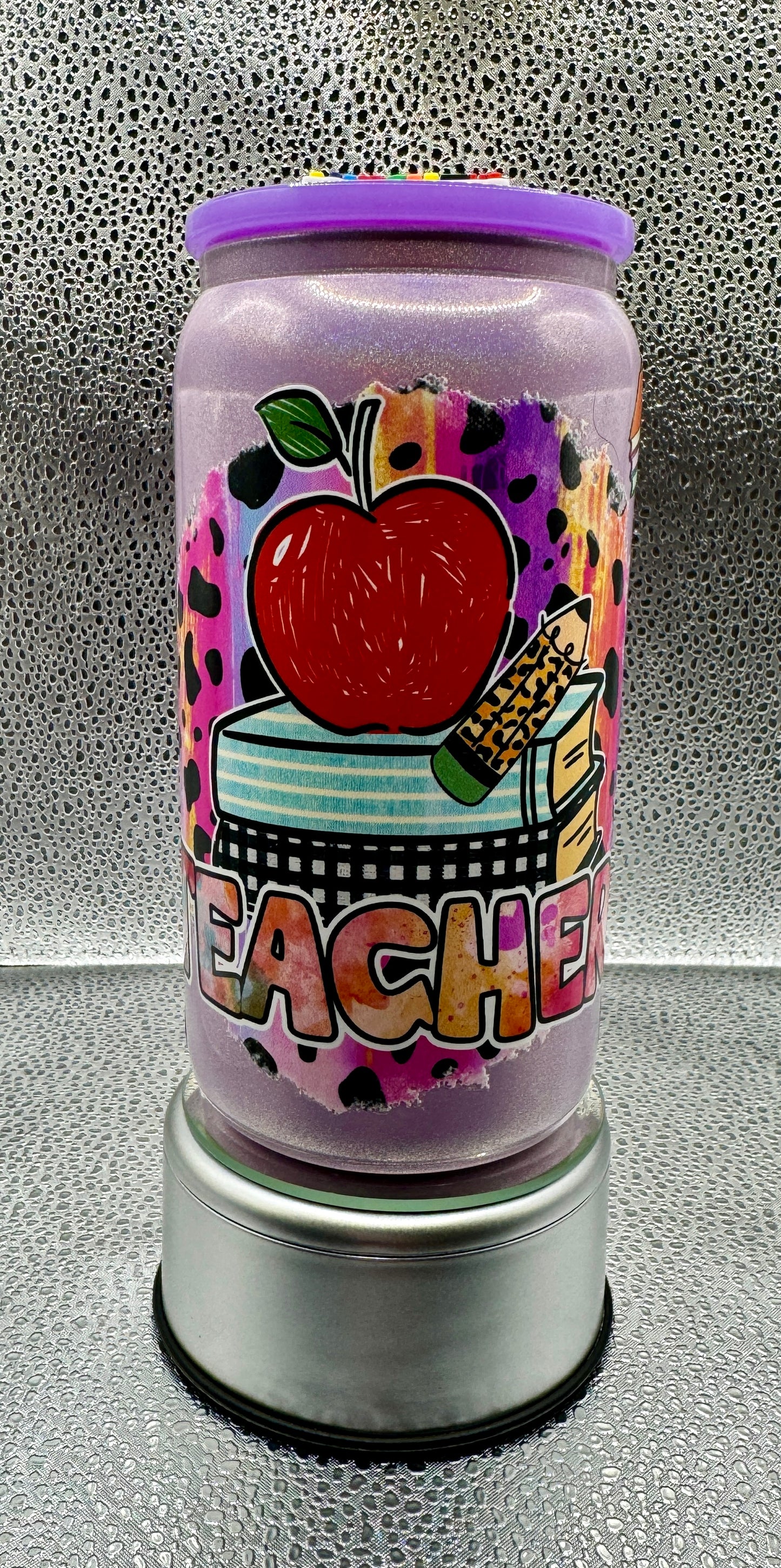 Purple Shimmer Teacher Glass Drink Can