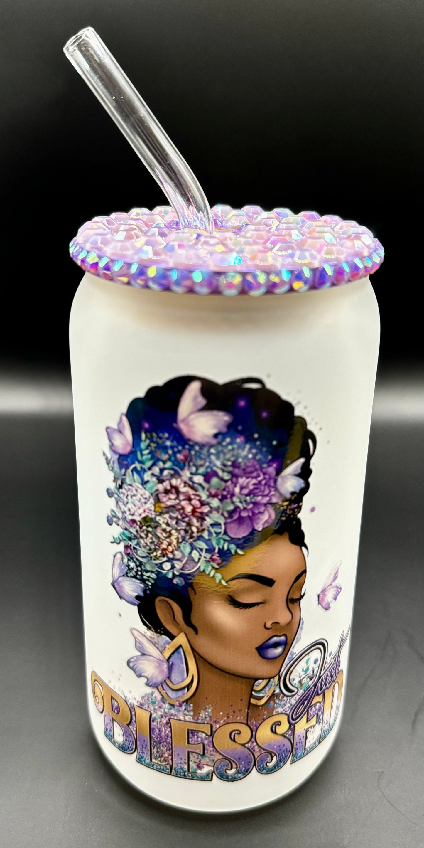 Blessed Purple Lady Glass Drink Can