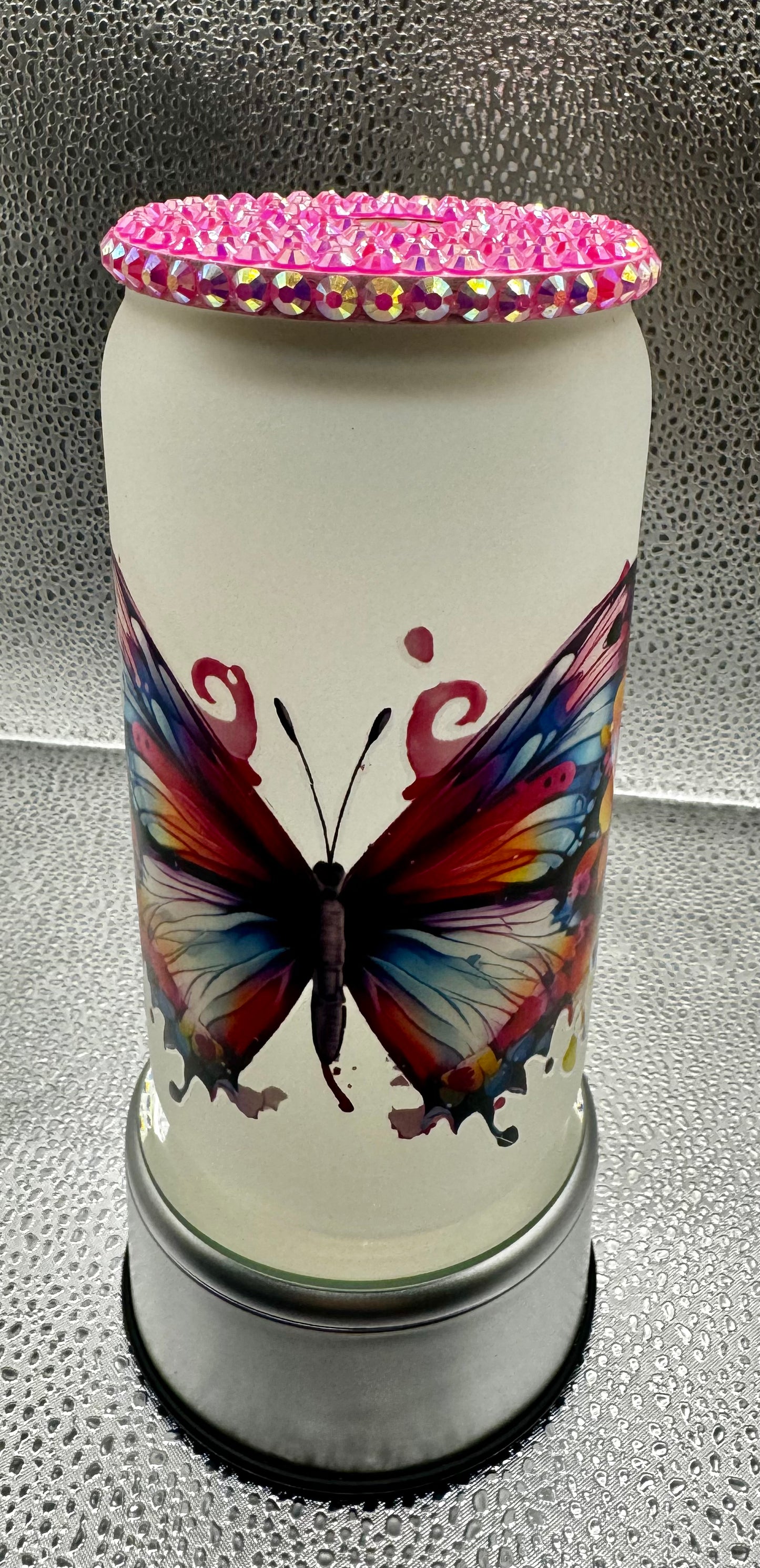 Pink Butterfly Glass Drink Can