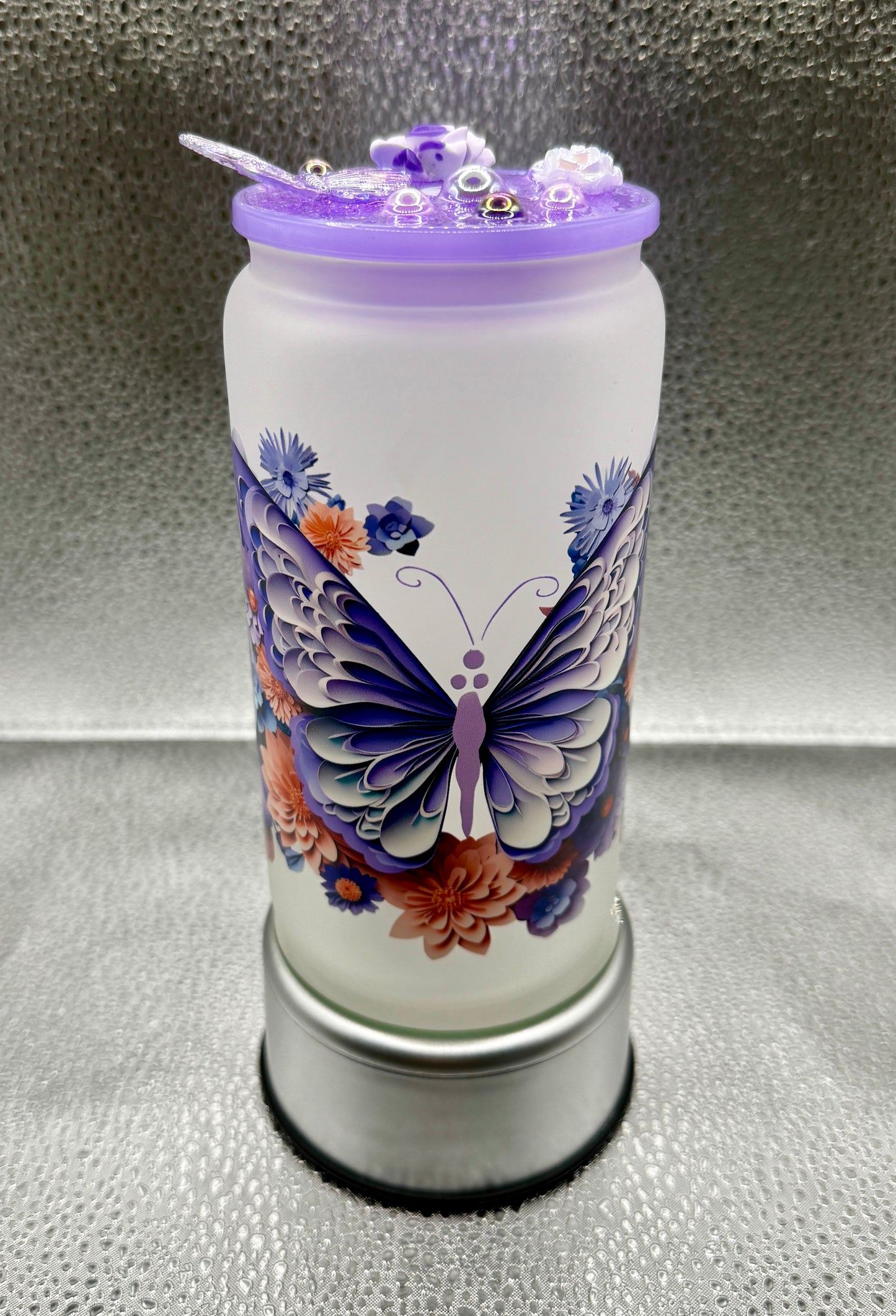 Frosted Glass Purple Butterfly Drink Can