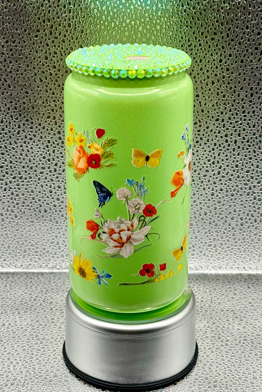 Green Shimmer Floral Glass Drink Can